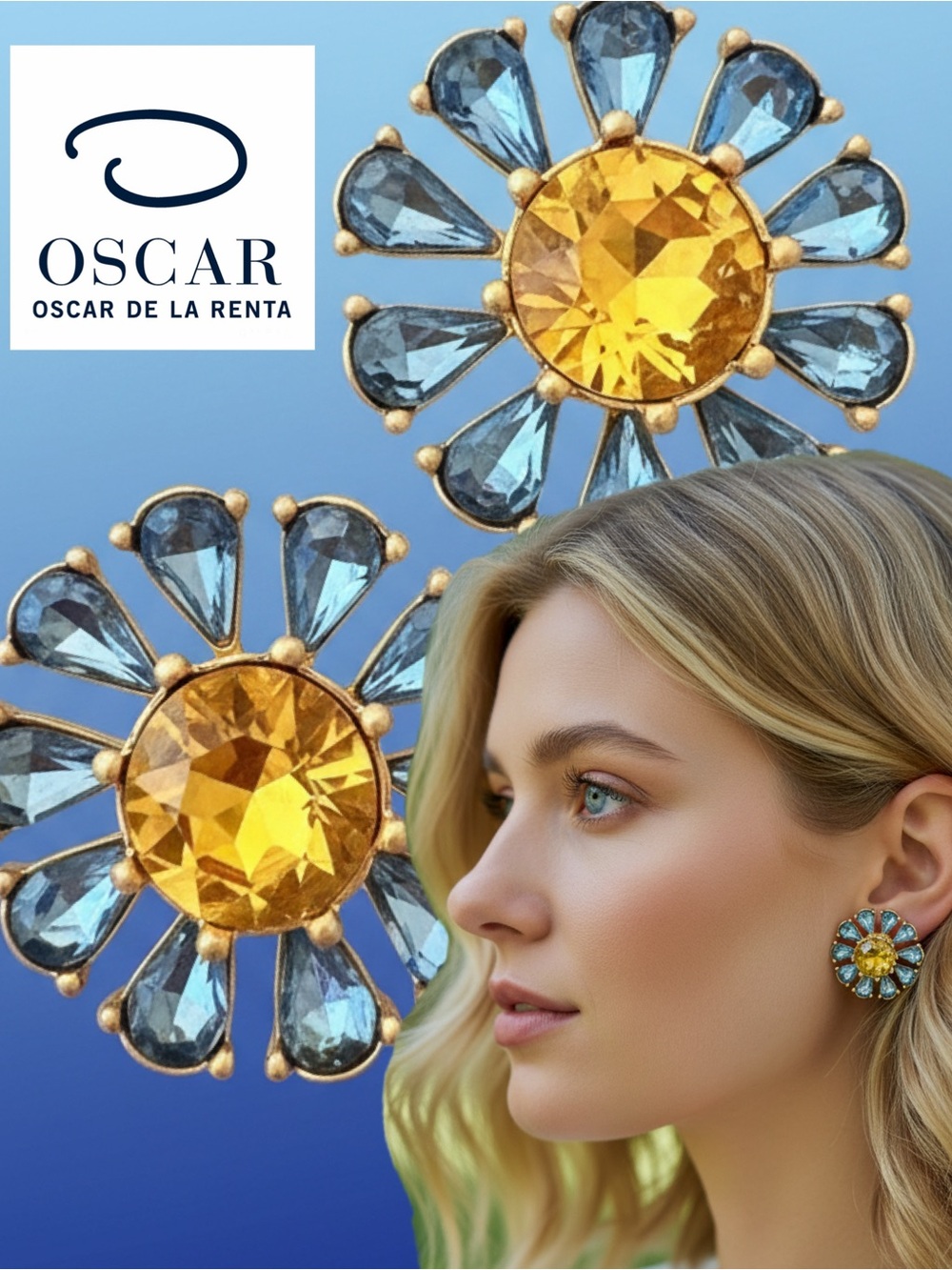 Oscar de la Renta Blue & Golden Topaz Sunflower Crystal Earrings✨Pierced/ Post